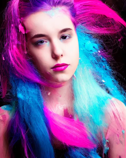 Image similar to a dramatic lighting photo of a beautiful young woman with cotton candy hair. paint splashes. with a little bit of cyan and pink