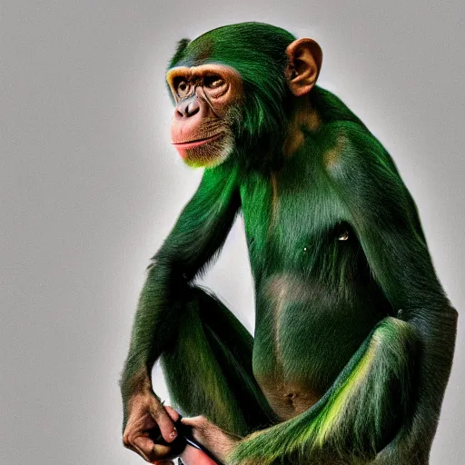 Image similar to a high quality photo of a green chimp wearing headphones, realism, 8k