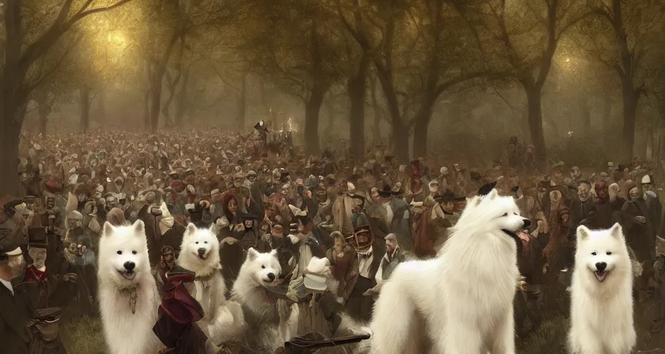 Image similar to the great victorian samoyed parade, beautiful, soft lighting, artstation, storybook,