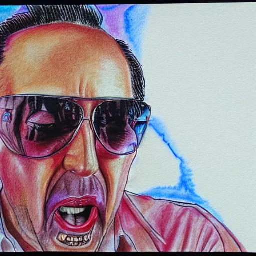 Image similar to Nicholas Cage in Fear and Loathing in Las Vegas, detailed ballpoint drawing with water color background