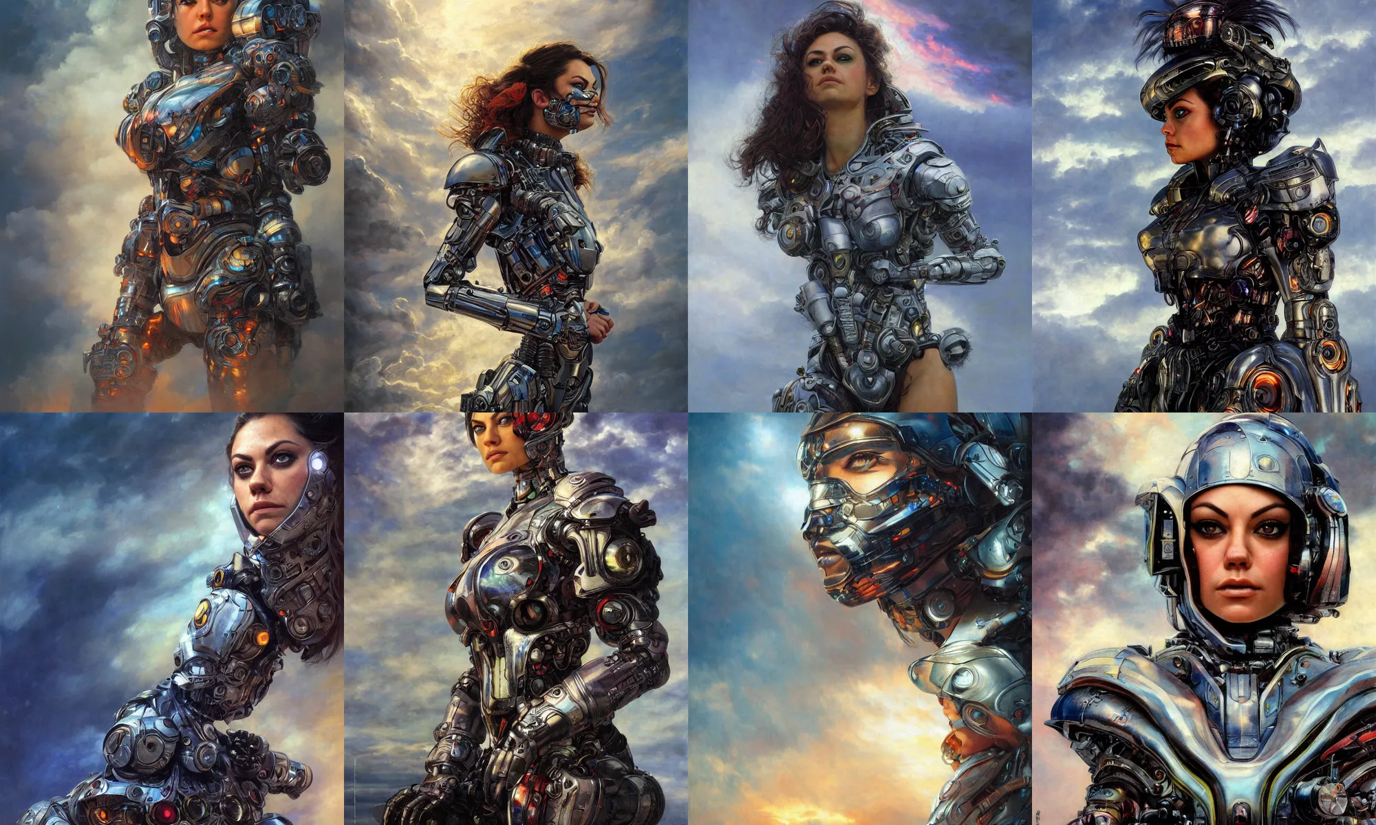 Image similar to portrait of epic mila kunis cyborg neon armor, in clouds, cinematic studio light, windy, sunrise, wlop, by gerald brom, by mikhail vrubel, by peter elson, muted colors, extreme detail, trending on artstation