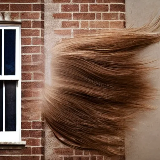 Image similar to long hair growing from windows and doors of large apartment building, the hair reaches the ground, realistic