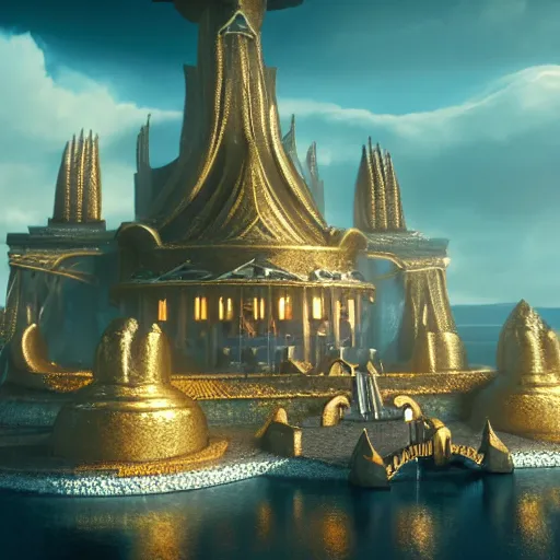 Prompt: an asgardian palace in a golden fantasy sci fi luxurious city with cerulean oceansides, scandinavian / norse influenced, cinematic, ray traced, octane render, cinematic lighting, ultrarealistic, featured on artstation, 8 k uhd artwork