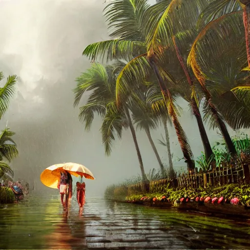 Image similar to monsoon on tropical island, ornate, beautiful, atmosphere, vibe, mist, coconuts, rain, wet, pristine, puddles, melting, dripping, snow, creek, lush, ice, bridge, forest, roses, flowers, by stanley artgerm lau, greg rutkowski, contest winner, trending on artstation