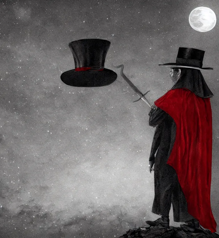 Image similar to a mysterious man in a cemetery on a full moon night wearing a top hat that hides!! his face and a beautiful black and red cape while holding a poseidon trident, digital art. digital painting, moonlight, detailed.