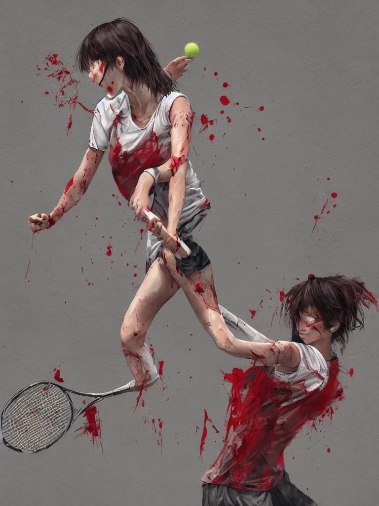 Image similar to young adult woman playing tennis, anime, painful, cardboard, blood stains on shirt, blood on tennis court, bleeding audience, illustration, traditional drawing style, dramatic mood, textured canvas, highly detailed, fine art, melancholic art, oil pastels, 8 k render octane high definition cgsociety