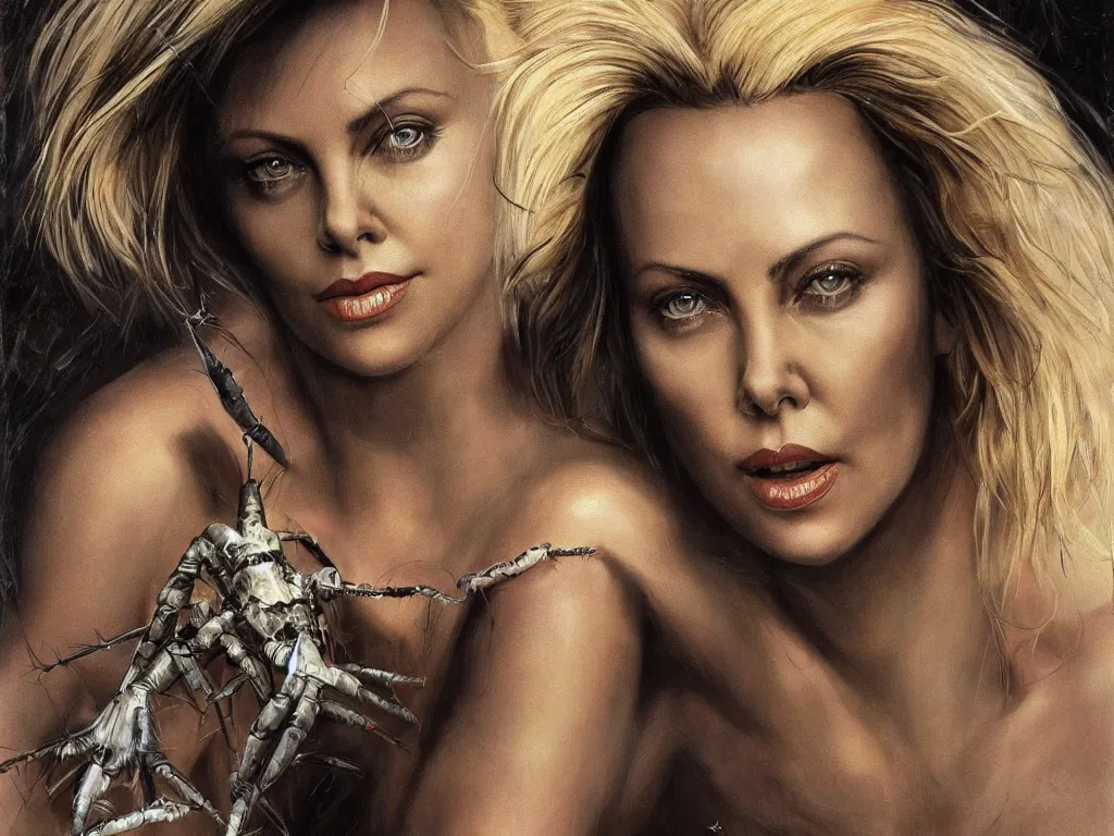 Prompt: An up close portrait painting of Charlize Theron with giant spider legs and hair needles wearing a dress of shadows and crawling out of a volcano, illustration, detailed, award-winning, trending on artstation, hyper realistic face, by Frank Frazetta, by John Bauer, by H.R. Giger