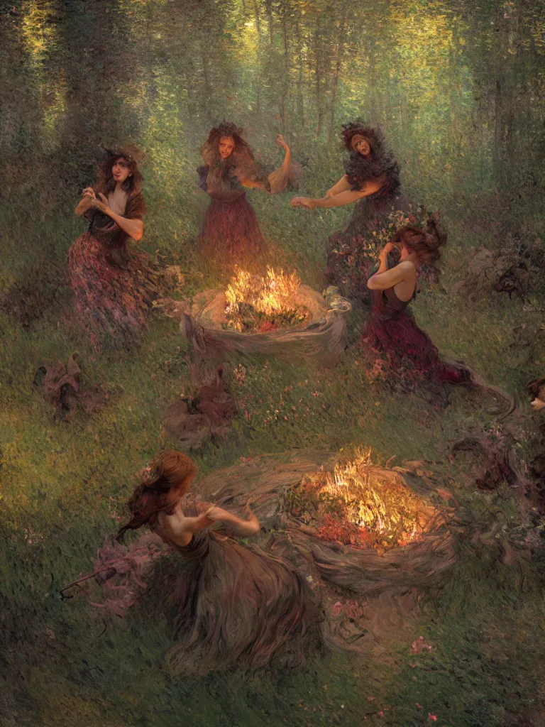 Prompt: illustration studio portrait of witches dancing and floating around a big firepit in artistic poses at the forest in a witch's dark coven, monet painterly motives and textures pattern, hyper detailed, octane render, vivid colors, artstation, by jeremy mann, by alphonse mucha, by monet