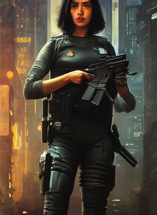 Image similar to 👩🏻🎤. cyberpunk police trooper in a military vest ( blade runner 2 0 4 9, cyberpunk 2 0 7 7 ). orientalist portrait by john william waterhouse and james gurney and theodore ralli and nasreddine dinet, oil on canvas. cinematic, hyper realism, realistic proportions, dramatic lighting, high detail 4 k