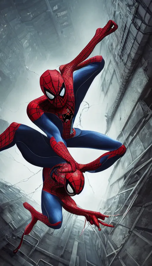 Image similar to beautiful illustration of spiderman fighting venom in a abandoned warehouse by guweiz and artgerm, cinematic lighting, epic composition, rule of thirds, golden ratio