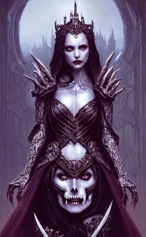 Image similar to desirable Vampire woman sitting on a skull throne with undead knights around her, fantasy, intricate, elegant, highly detailed, digital painting, artstation, concept art, matte, sharp focus, illustration, art by artgerm and Greg Rutkowski, dreadjim, zeen chin