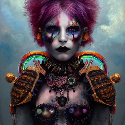 Image similar to photorealistic portrait of a curiosities carnival, single doll punk in a full gothic armor, multiple dyed colors haircut, heroic, symmetry accurate features, focus, rainbow lighting, very intricate details, award winning masterpiece, by tom bagshaw, ultra deep fog background