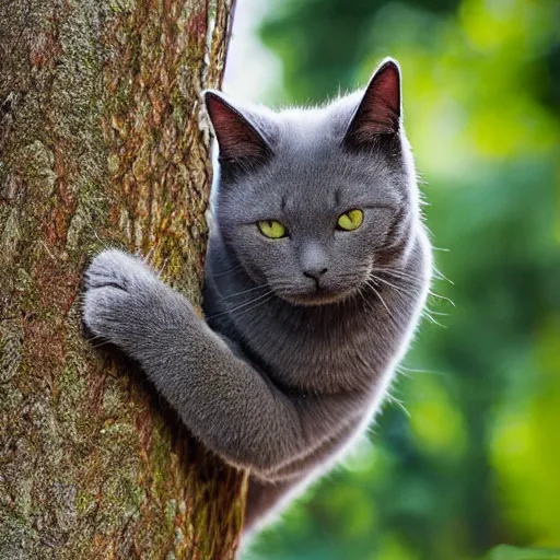 Prompt: very very very beautiful picture of a Chartreux cat climbing a tree, realistic