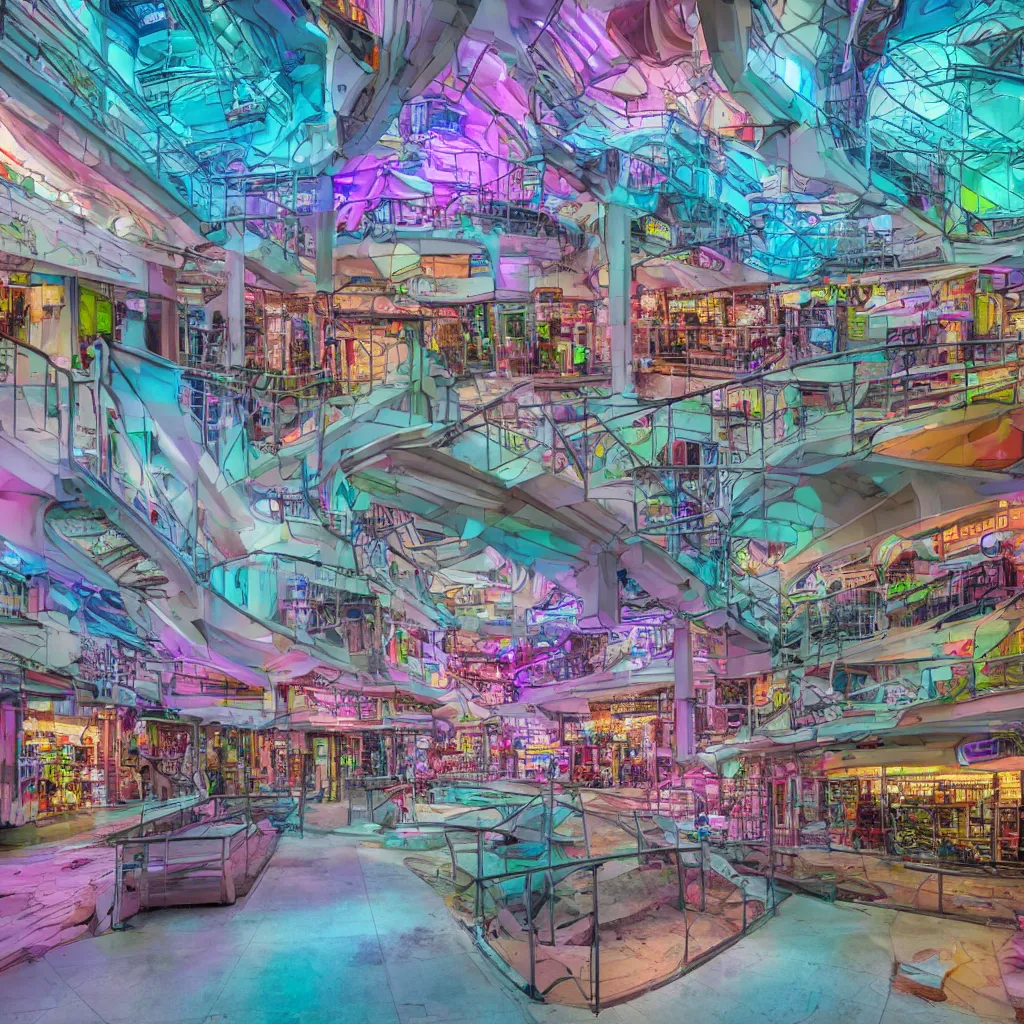 Prompt: architecture, futuristic, neon, pastel colors, hd 8 k, digital design, detailed, abandoned, overgrown, candy shop in a mall, candies