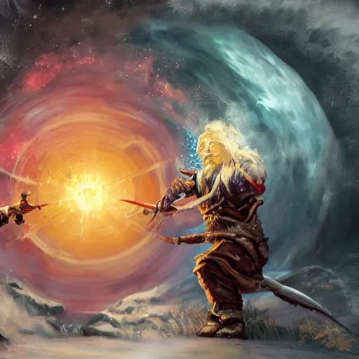 Image similar to Highly detailed oil painting, concept art, of a wizard casting a fireball spell, fighting against a huge ice giant, red and blue color scheme, concept art, highly detailed.