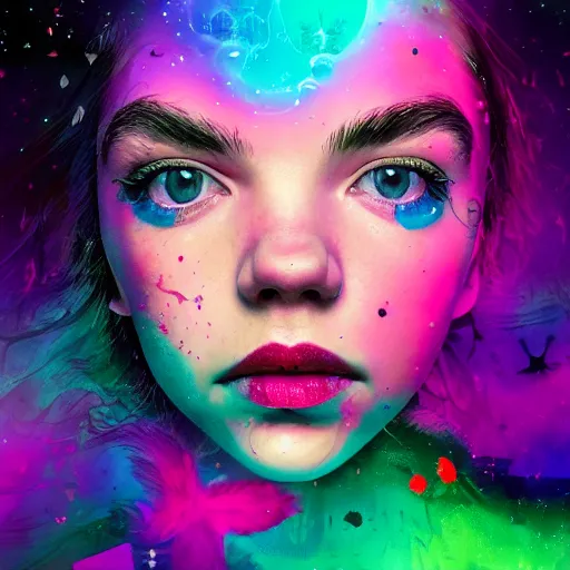 Prompt: surreal Anya Taylor-Joy covered in chromatic abberations mysterious place, beautiful, pscychodelic, trending on artstation, artwork by Nicolas Winding:StableJoe: