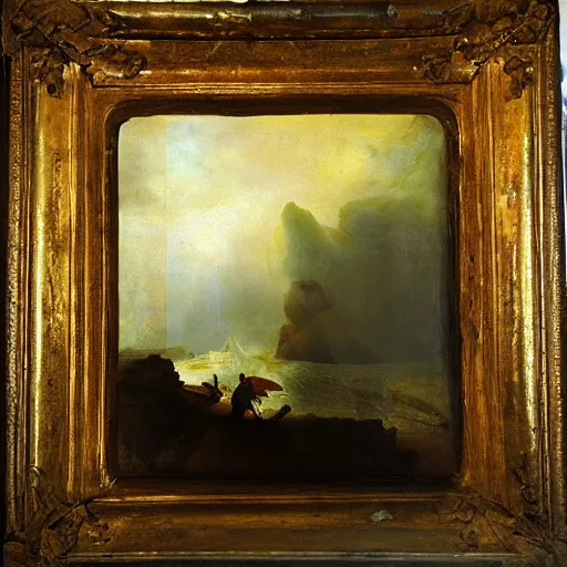 Prompt: anomalocaris swimming at tempestuous sea, rembrandt baroque painting, dutch golden age painting, mysterious, ambient light, dramatic light, soft colours, oil on canvas