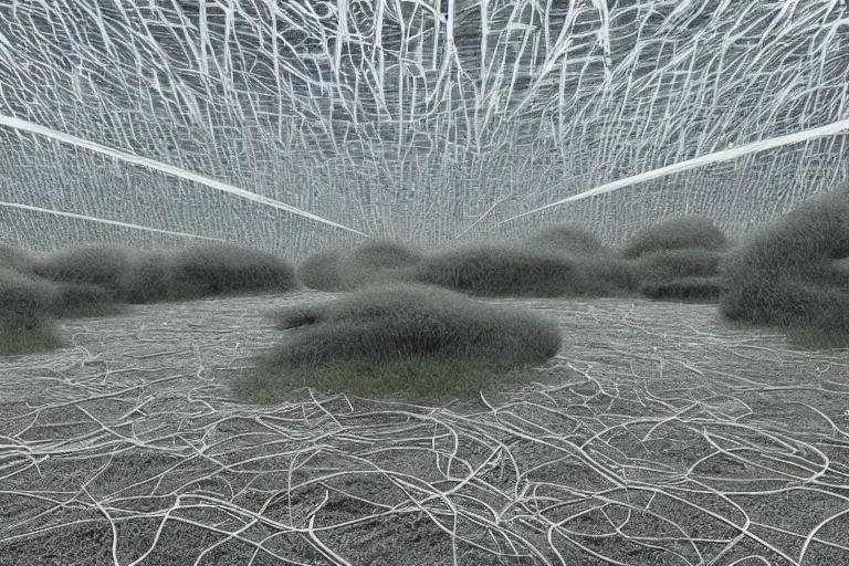 Image similar to tarkovsky stalker greatest scene, refik anadol led screen render, interior neo futuristic ultra white and clean mycelium architecture, stranded natural hemp ropes, biennale architecture installation, bioremediation, + unreal engine 5 + realistic render