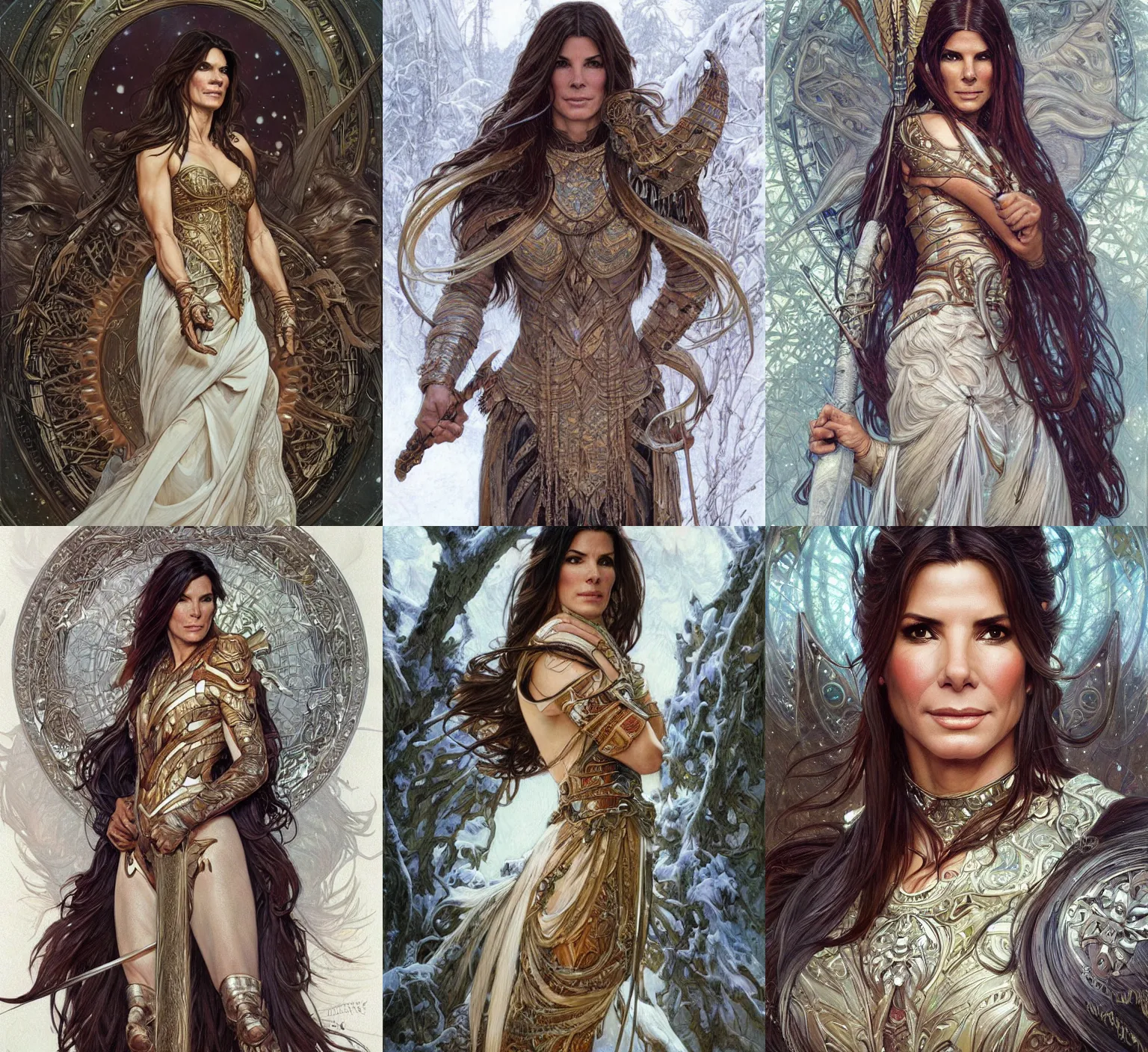 Prompt: Sandra Bullock as a beautiful warrior woma, snowy winter, , fantasy, intricate, elegant, highly detailed, centered, digital painting, artstation, concept art, smooth, sharp focus, illustration, art by artgerm and donato giancola and alphonse mucha