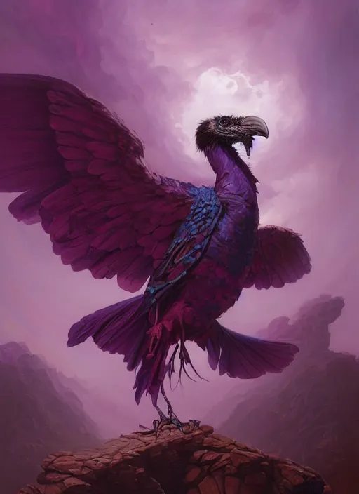 Prompt: a hyper realistic painting of a giant beautiful magical glowing purple raven perched, painted by peter mohrbacher, wayne barlowe, boris vallejo, paolo eleuteri serpieri, greg rutkowski, vasnetsov, masterpiece, 4 k, 8 k, beautiful lighting, epic