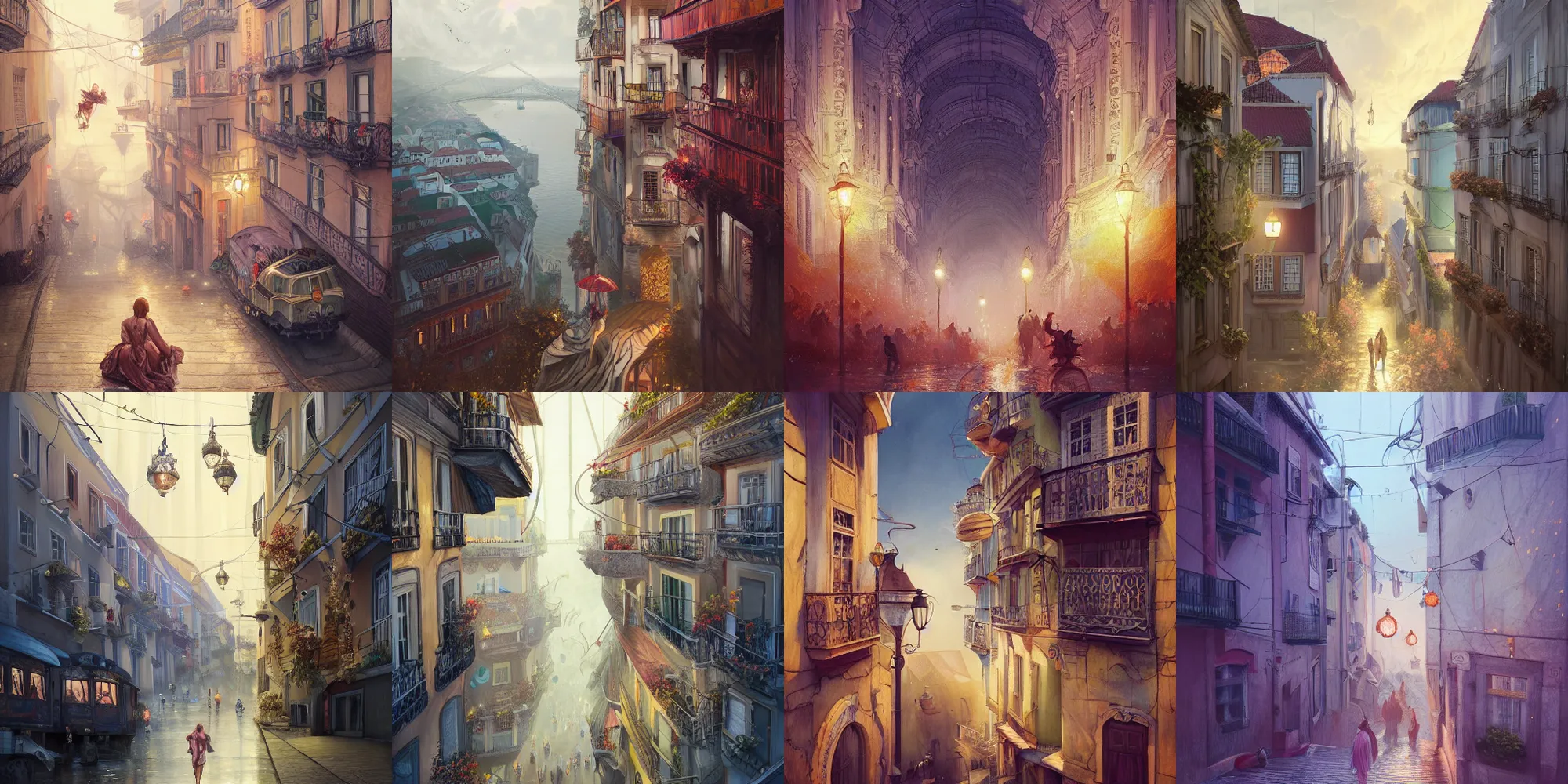 Prompt: The City of Lisbon, illustration painting by Mandy Jurgens and Małgorzata Kmiec and Dang My Linh and Lulu Chen and Alexis Franklin and Filip Hodas and Pascal Blanché and Bastien Lecouffe Deharme, detailed intricate ink illustration, heavenly atmosphere, detailed illustration, digital art, overdetailed art, complementing colors, trending on artstation, Cgstudio, the most beautiful image ever created, dramatic, subtle details, illustration painting, vibrant colors, 8K, award winning artwork, high quality printing, fine art, intricate, epic lighting, very very very very beautiful scenery, 8k resolution, digital painting, sharp focus, professional art, atmospheric environment, 8k ultra hd, artstationHD, hyper detailed, elegant, cinematic, awe inspiring, beautiful,