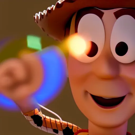 Image similar to close up of woody from toy story melting buzz light year over a candle, cinematographic shot, cartoon