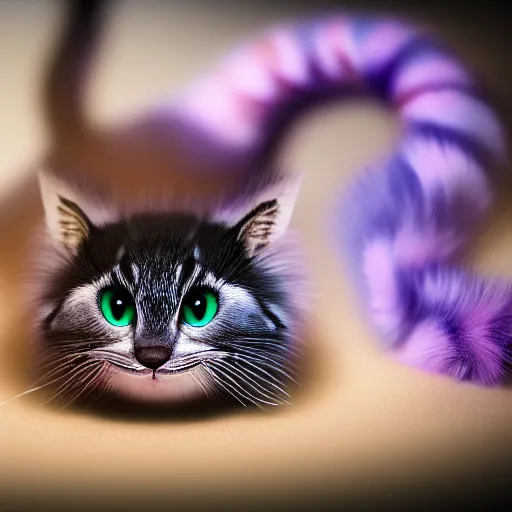 Image similar to full body pose, hyperrealistic photograph of the cheshire cat as a kitten, dim volumetric lighting, 8 k, octane beautifully detailed render, extremely hyper detailed, intricate, epic composition, cinematic lighting, masterpiece, trending on artstation, very very detailed, stunning, hdr, smooth, sharp focus, high resolution, award, winning photo, dslr, 5 0 mm