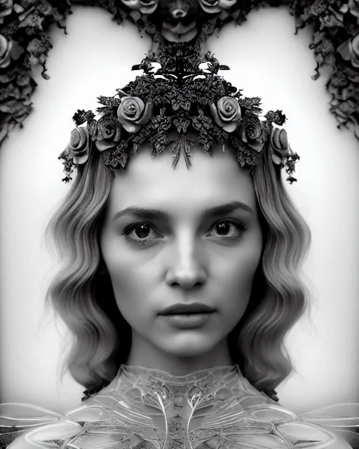 Image similar to mythical dreamy black and white profile face portrait of translucent beautiful female angelic - human - queen - vegetal - cyborg, highly detailed, intricate crystal ivy jelly ornate, poetic, translucent roses ornate, 3 d render, digital art, octane render, 8 k artistic photography, photo - realistic, by dora maar