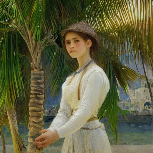 Image similar to a ultradetailed beautiful painting of a girl in the amazonas palace designed by jules bastien - lepage, hans belmer, frank weston and gustave baumann, beach, trending on artstation, mediterranean, palm trees, refracted color sparkles, sharp focus, soft light, 8 k 4 k