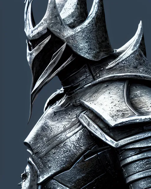 Image similar to a photorealistic 3D render portrait of sauron the dark lord wearing armor made of iron, unreal engine, octane render, cinematic lighting, a sense of evil, hard surface character concept art, dark fantasy character design, hyper realism, high detail, depth of field, stunning vfx, smooth gradients, photorealistic noldorin armor, high contrast, cgsociety