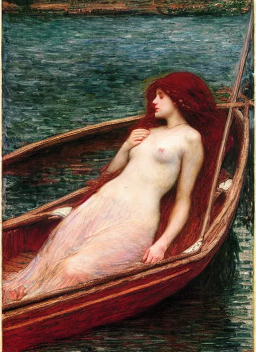 Image similar to lady of shallot as ophelia in a boat by john william waterhouse, rosetti, monet, william holman hunt, 8 k