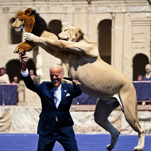 Image similar to joe biden as a gladiator fighting a lion in the coliseum, award winning action photography
