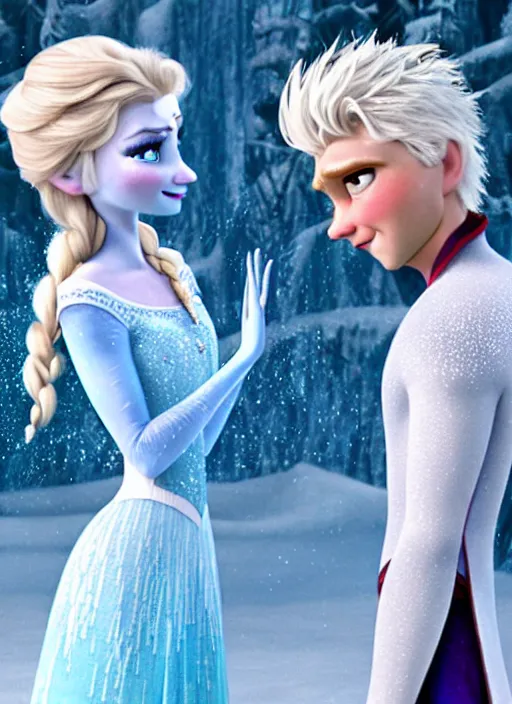 Image similar to Elsa from Frozen having a conversation with Jack Frost from Rise of the Guardians