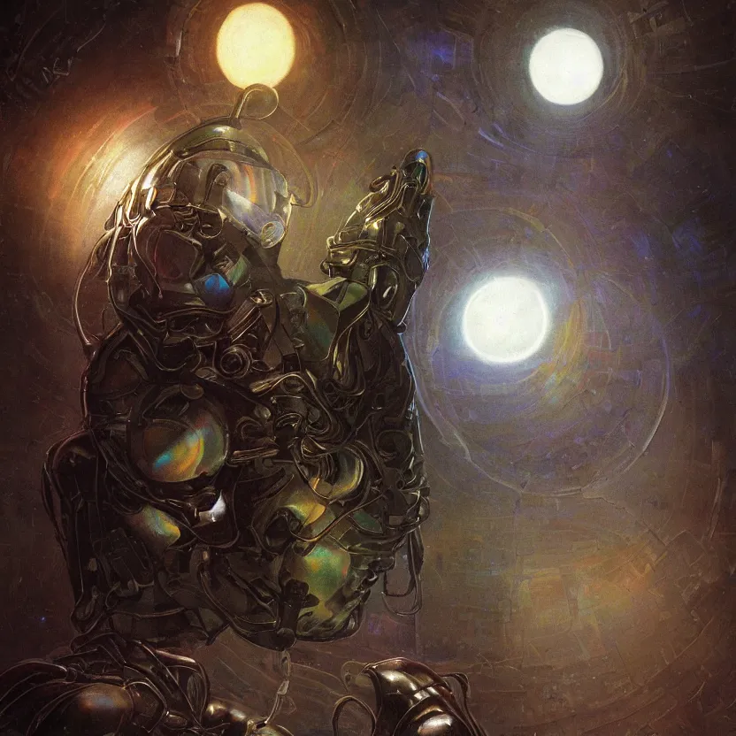 Prompt: a neoclassicist sci - fi portrait of a chrome marble sculpture holding a dimly glowing rainbow orb in a dark moonlit courtyard at night. iridescent textures. glowing fog. highly detailed fantasy science fiction painting by moebius, norman rockwell, frank frazetta, and syd mead. rich colors, high contrast, gloomy atmosphere, dark background. artstation