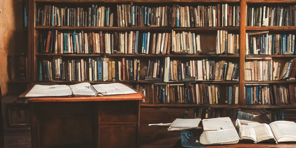 Prompt: a desk with maps and old books sitting in an old study that is dusty with cobwebs all over the surrounding bookshelves