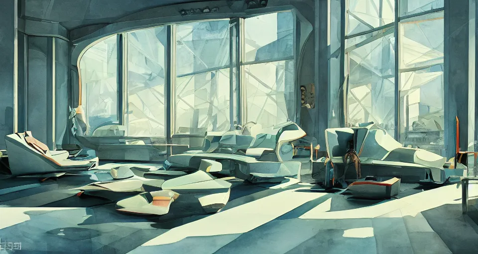 Image similar to a beautiful illustration of futuristic interior hall, lots of furniture, sofa, waiting room, big medium small, sacred geometry, golden ratio, in watercolor gouache detailed paintings, in style of syd mead, trending on artstation,8k, panel, hard surface, vent, zaha hadid, props, plant, cozy,decoration around the room