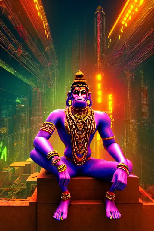 Image similar to high quality 3 d render colorful cyborg! hanuman sitting, gold madhubani, highly detailed, cyberpunk!! mumbai in the background, unreal engine cinematic smooth, szukalski & blade runner, moody neon light, low angle, uhd 8 k, sharp focus