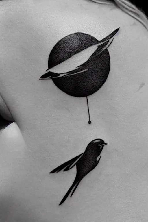 Image similar to a beautiful tattoo design of minimalist swallows flying into spherical lines and simple basic shapes, black ink, abstract logo, line art