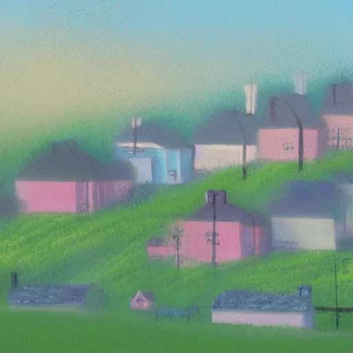 Image similar to suburban american neighborhood on early morning with mist over the houses, painting by best artist in the world, illustration, 4k, high quality, 1980, pastel colors, film grain, cluttered,