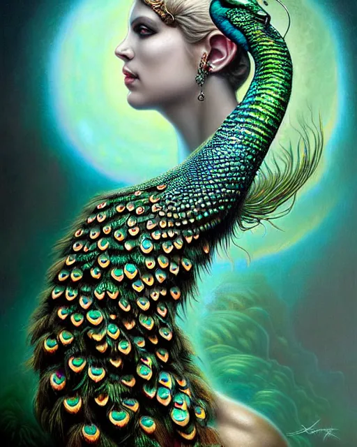 Prompt: a detailed portrait of dreampunk princess peacock python hybrid mix beautiful! jewlled by tomasz alen kopera and peter mohrbacher