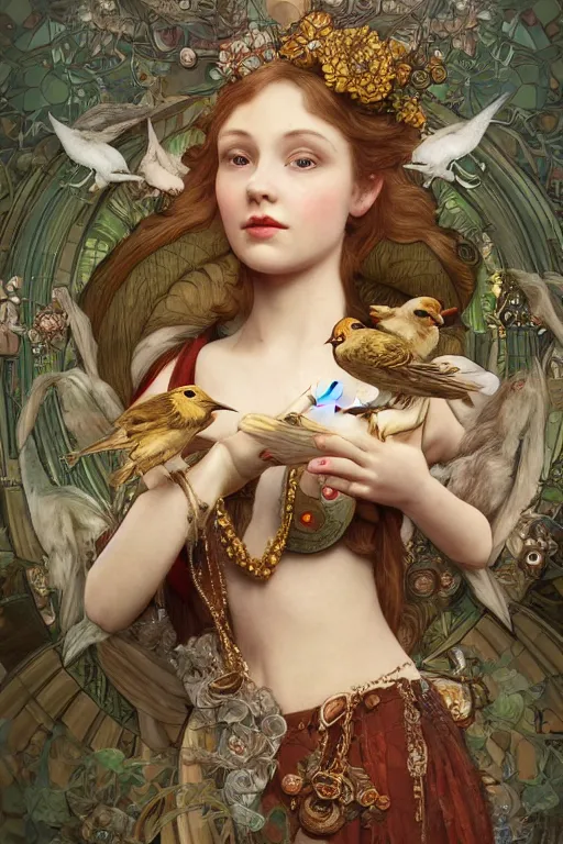 Image similar to zoomed in 3 d render of english princess holding birds, ornaments, mucha vibe, dieselpunk, solarpunk, artstation