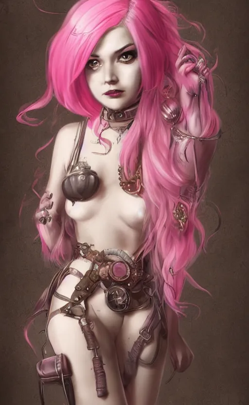 Image similar to pink hair girl dressed with inspirations from steampunk style, high detailed, digital art, trending on artstation, devianart, cgsociety