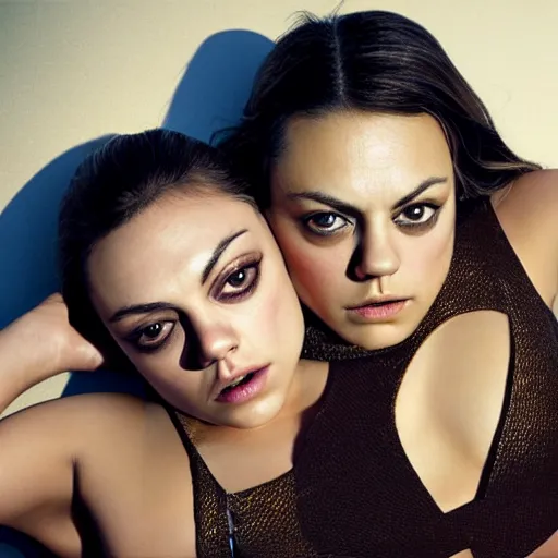 Image similar to Selfie photograph of Mila Kunis and Mila Kunis, light makeup, golden hour, 8k, photographed by Erwin olaf