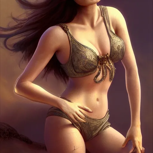 Prompt: sexy painting of miranda cosgrove, bikini, ultra realistic, concept art, intricate details, eerie, highly detailed, photorealistic, octane render, 8 k, unreal engine, art by artgerm and greg rutkowski and alphonse mucha