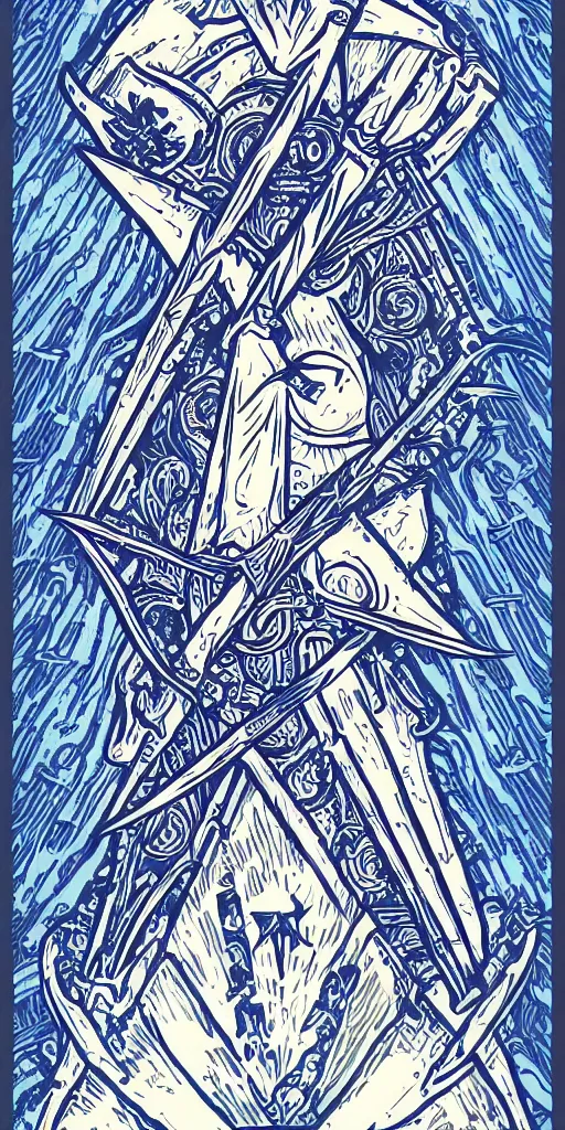 Image similar to Knight of Swords tarot card throne, space fantasy, symmetrical blue white and black, in the style of skottie young