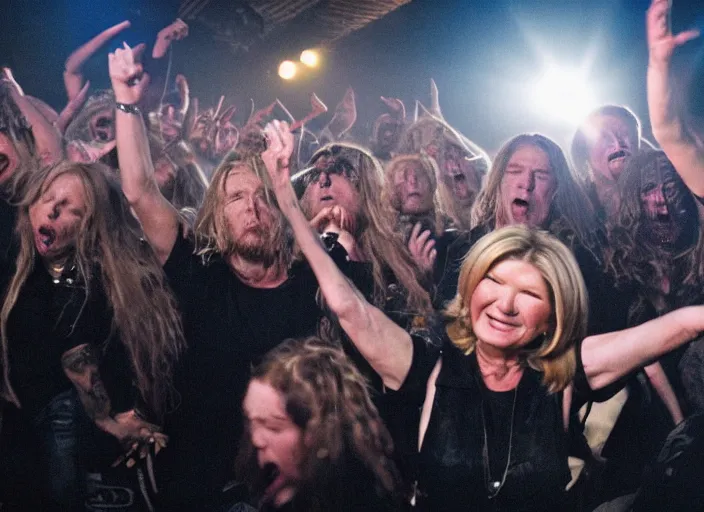 Prompt: publicity photo still of martha stewart in a death metal band in the mosh pit, 8 k, live concert lighting, mid shot