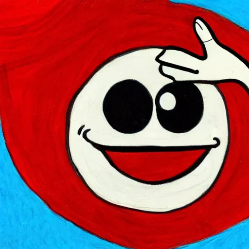 Prompt: primitive drawing of red eyed smiling emoji smiling thumb up