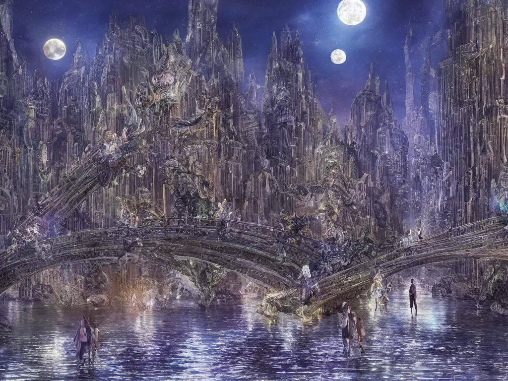 Prompt: crystal glowing skyscraper, small river, people walking on the stone bridge, fantasy setting, full moon, hyperdetailed, intricate details, hyperrealistic