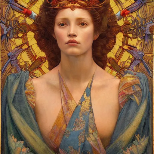 Image similar to princess of the dawn, by annie swynnerton and charlie bowater and diego rivera and nicholas roerich and jean delville and evelyn de morgan, dramatic lighting, brocade robes, elaborate floral ornament, rich colors, smooth sharp focus, extremely detailed, donato giancola, adolf wolfli