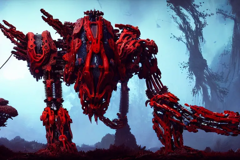 Prompt: a hyper detailed red fanghorn evangelion realistic mechanical and organic creature similar look as horizon forbidden west horizon zero dawn, bioluminiscence in a dark deep forest at dawn in spring, with reflection and textures, by kilian eng, substance painter reaslitic mech surface metal painted scratches,
